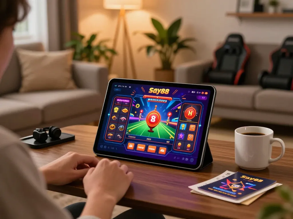 Tải app Say88 for immersive online gaming on a tablet in a cozy home setting
