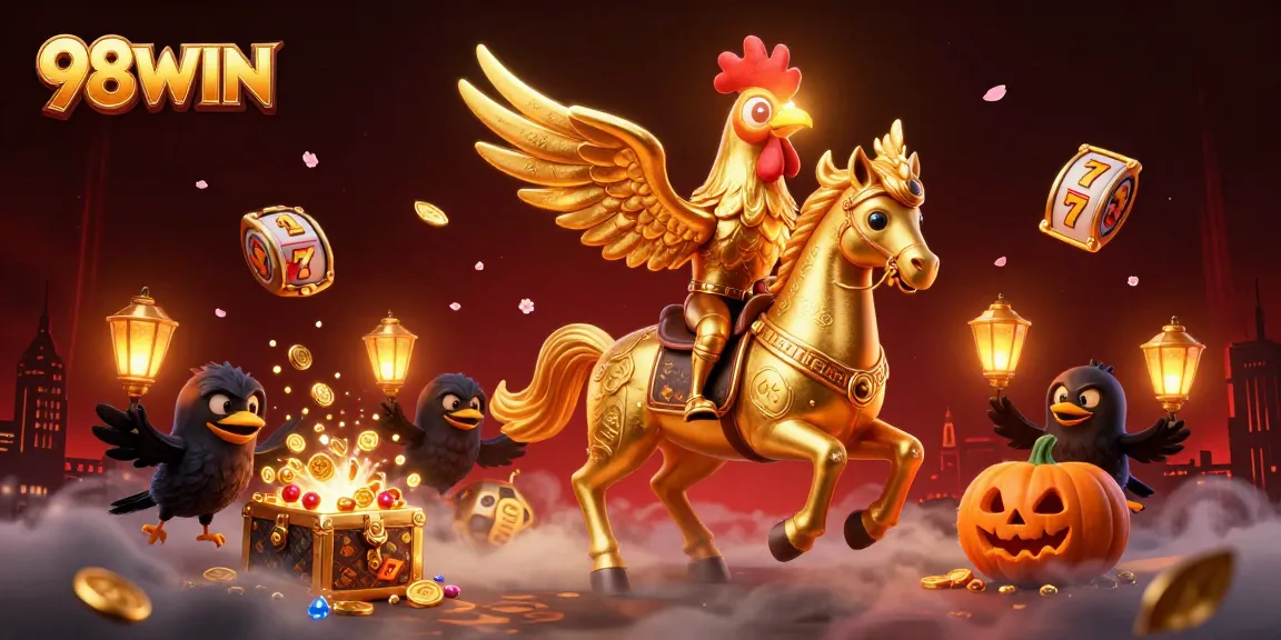 Experience thrilling gameplay at 98WIN with our vibrant casino scene featuring golden rooster champions and dynamic elements.
