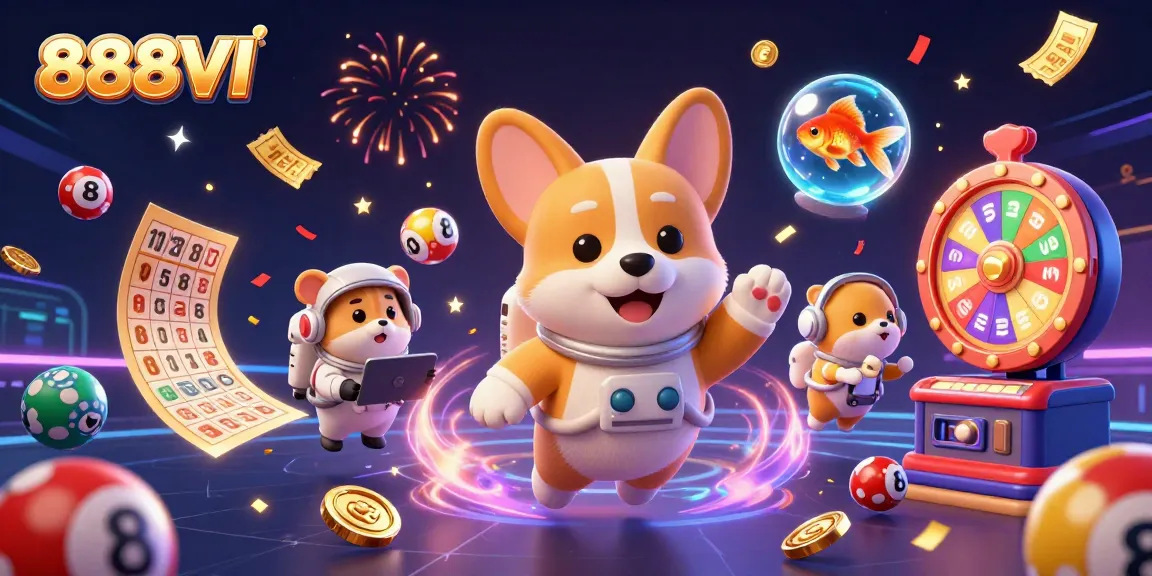Play at 888VI and experience floating excitement with an astronaut corgi in a vibrant casino.