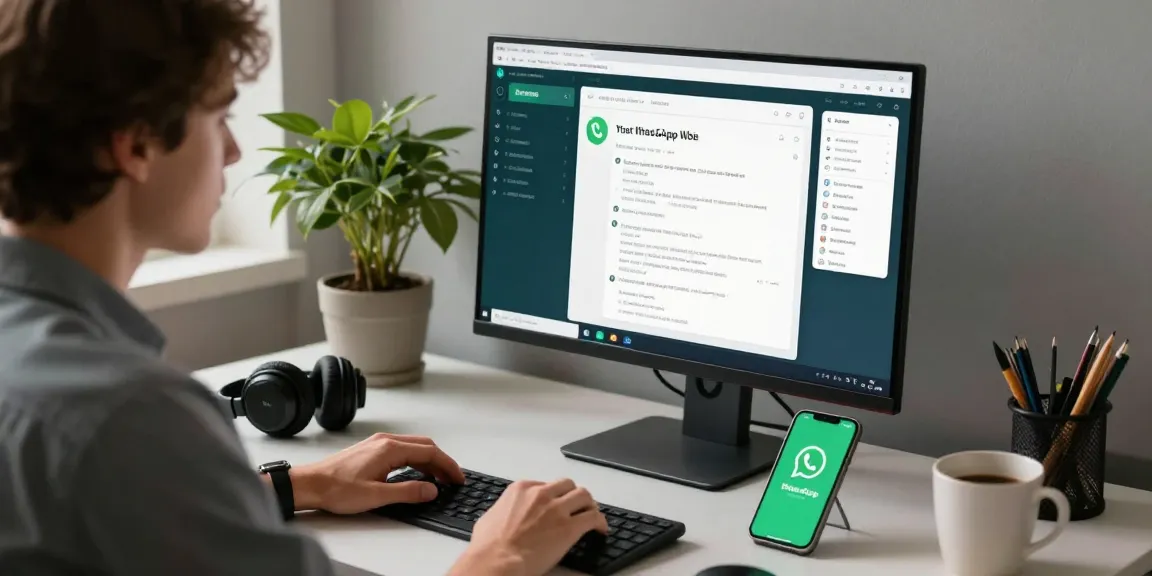 Engaged user exploring WhatsApp網頁版 on a modern workspace computer, showcasing digital communication.