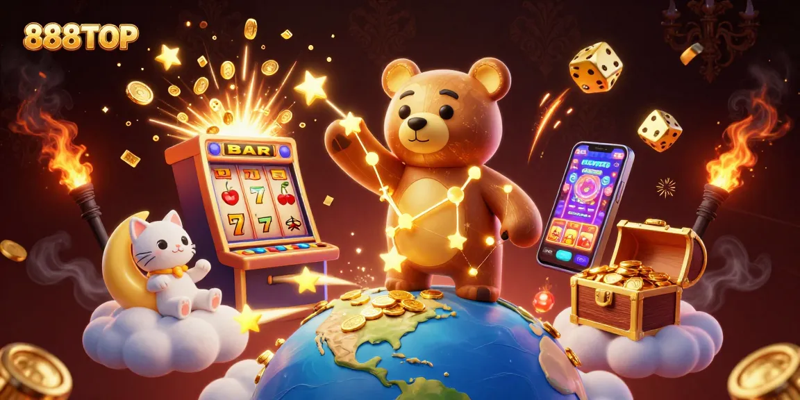 Spin and win with the enchanting 888TOP constellation bear in a vibrant casino scene.