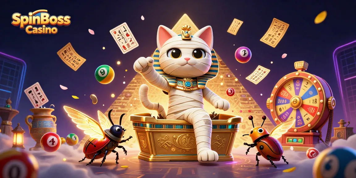 Experience the exciting world of SpinBoss Casino with a vibrant 3D illustration of a mummy cat and lottery fun.