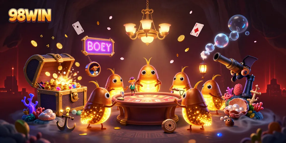 Experience the vibrant 98WIN casino scene with glowing characters and dynamic gaming elements.