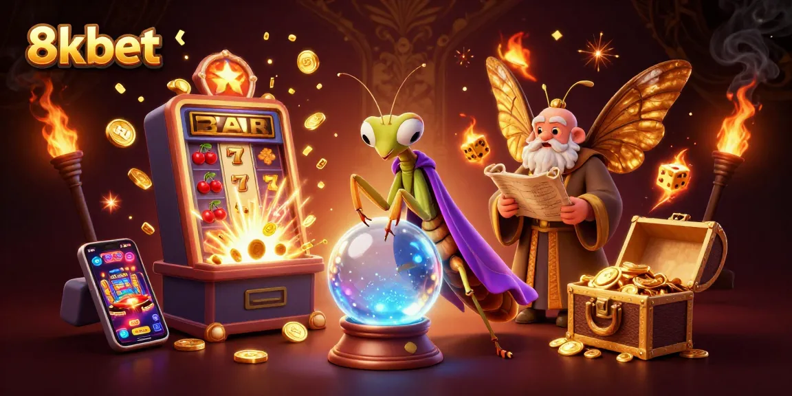 Experience the excitement of 8kbet's casino world with thrilling 3D illustrated characters and vibrant game elements.