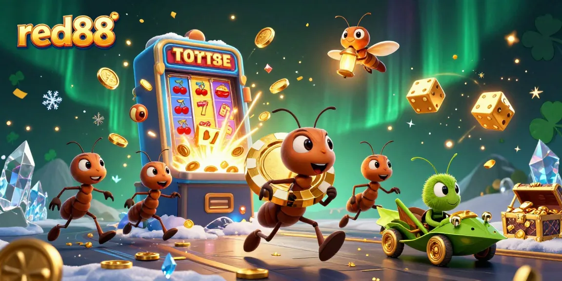 Join the red88 ants' heist in a vibrant casino with jackpots, poker chips, and bright lights.