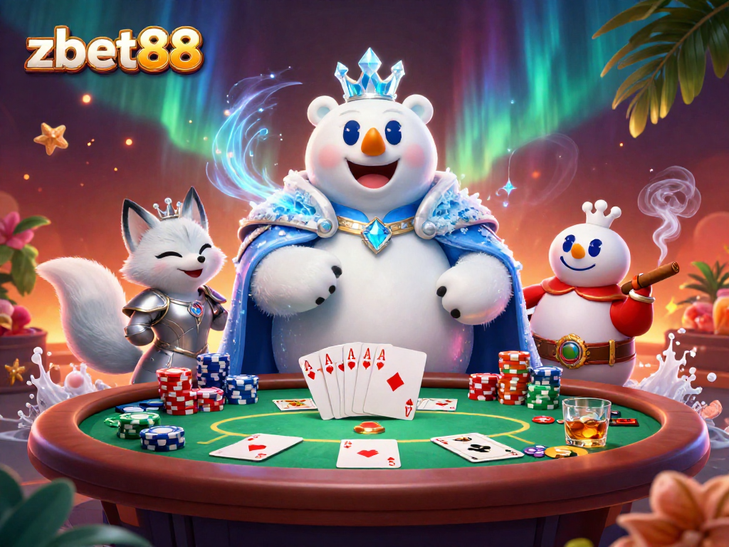 Experience winning strategies with zbet88 in a vibrant casino scene featuring poker elements and dynamic characters.