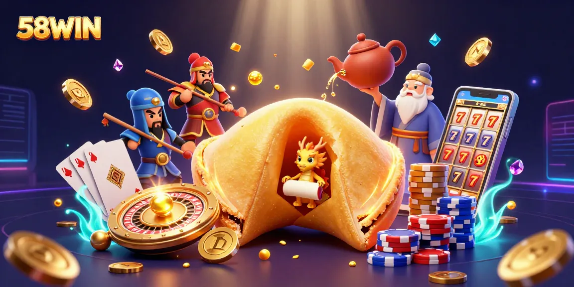 Engage in thrilling gaming adventures at 58WIN with vibrant casino elements like lucky sevens and cascading coins.