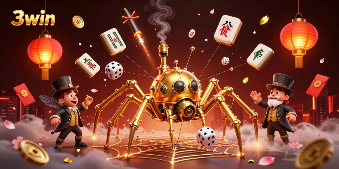 Experience thrilling gaming action at 3win with a steampunk spider and vibrant casino elements.