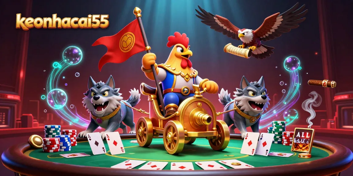Engage in thrilling poker action with keonhacai55 featuring a vibrant 3D casino scene.