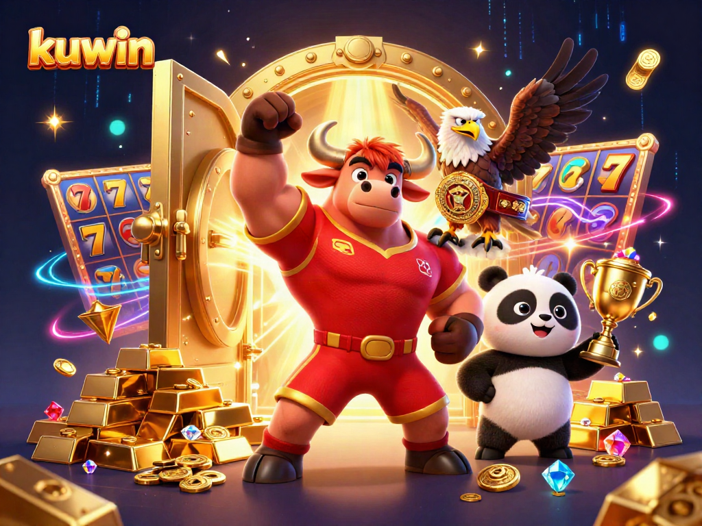 Kuwin provides exhilarating gaming excitement with a victorious bull mascot, eagle, and trophy near slot reels.