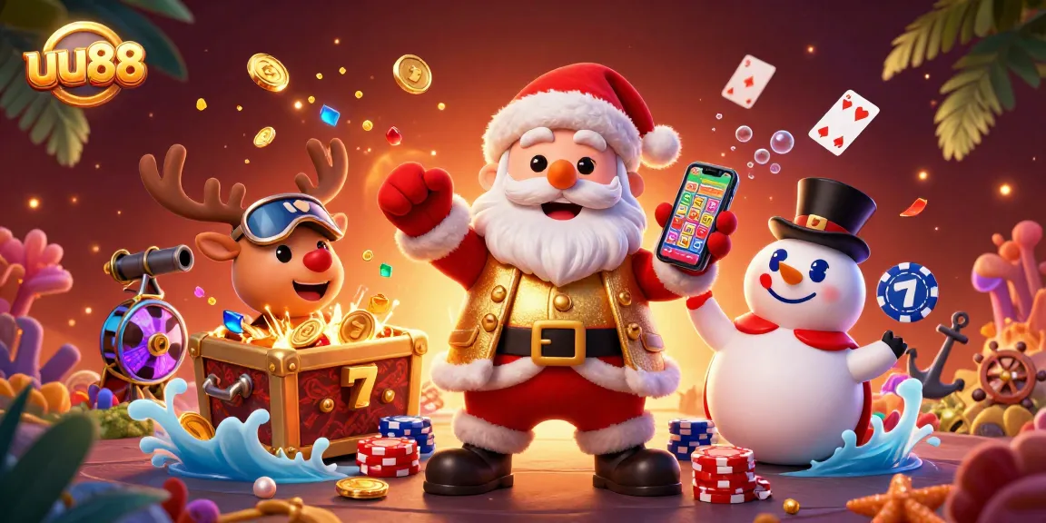 Experience thrilling jackpots with uu88 in a vibrant 3D casino scene featuring Santa and friends.