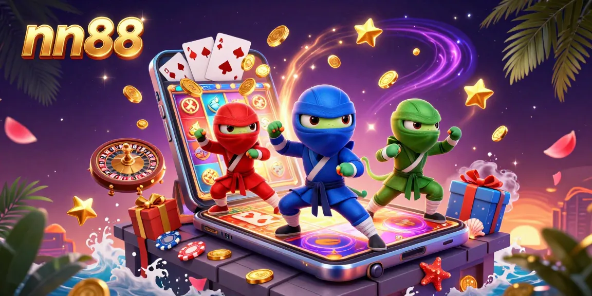 Engage with nn88's thrilling gaming experience through vibrant 3D ninjas celebrating exciting slots and casino action.