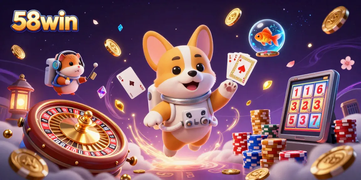 Experience thrilling gaming action at 58win with vibrant visuals of floating coins and playful characters.