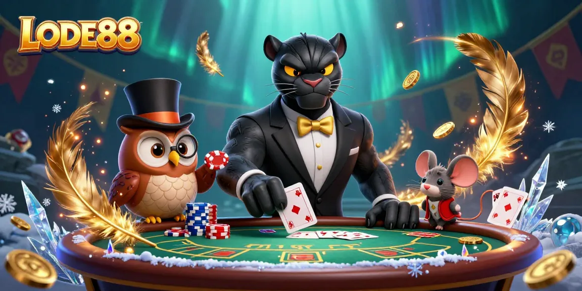 Engage with LODE88 through a vibrant casino scene featuring playful characters and rich gaming elements.