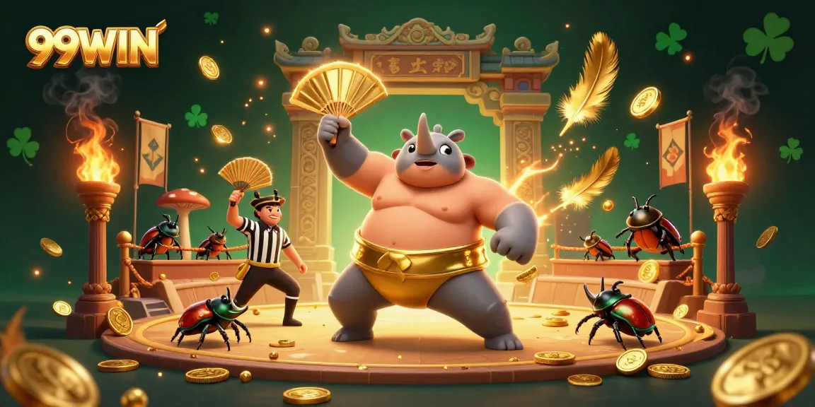 Experience thrilling gameplay at 99WIN with a champion beetle in an energetic casino scene.
