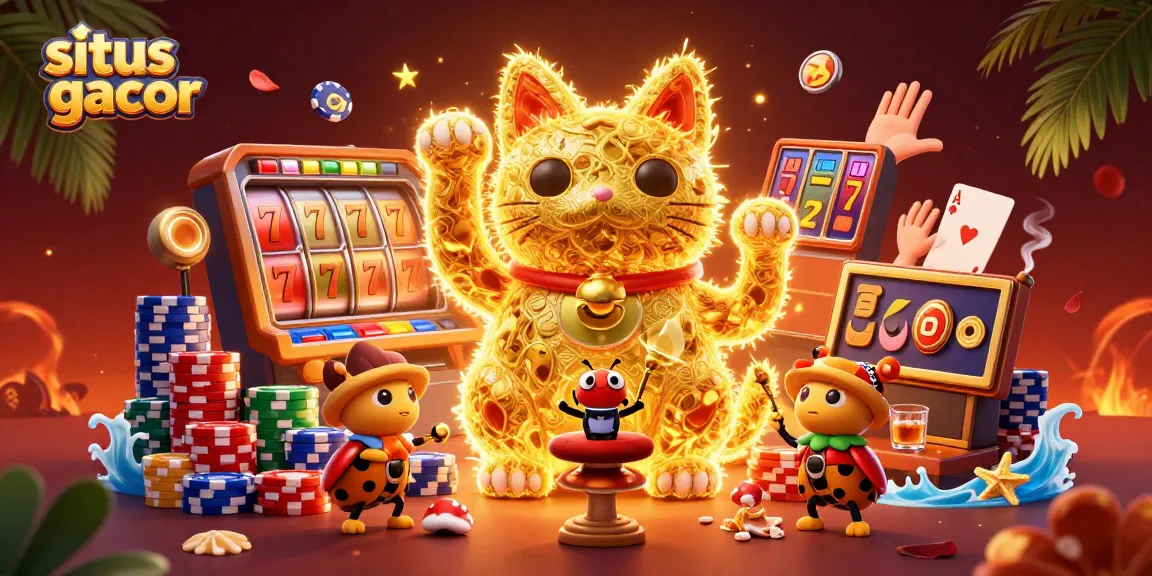 Engage with situs slot gacor featuring a dynamic lucky cat and vibrant casino elements.