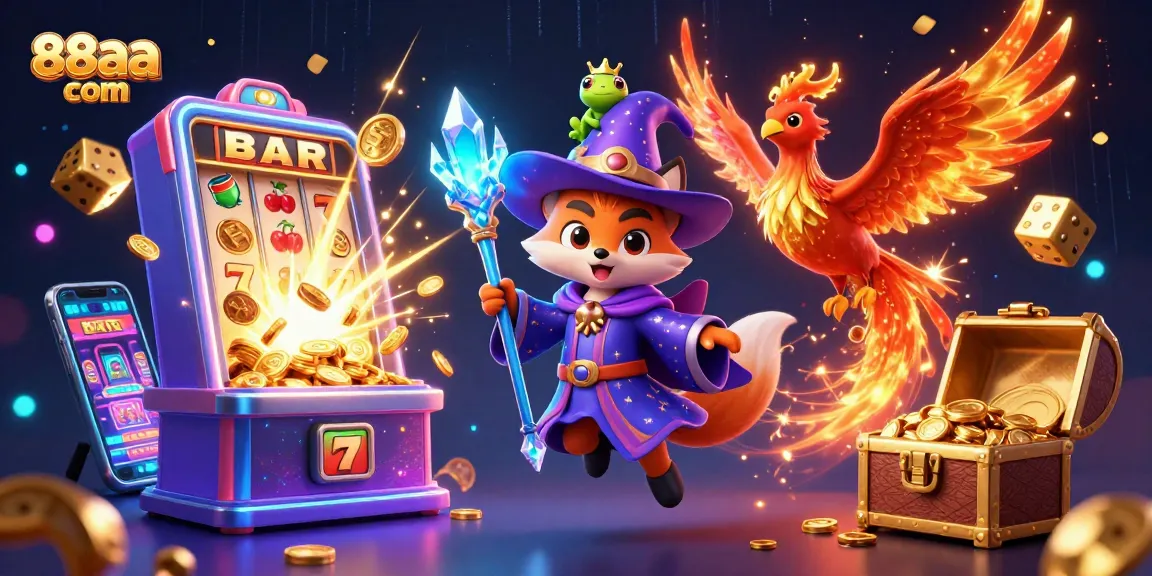 Experience thrilling jackpots with 88aa com in this vibrant casino scene featuring magical characters and games.