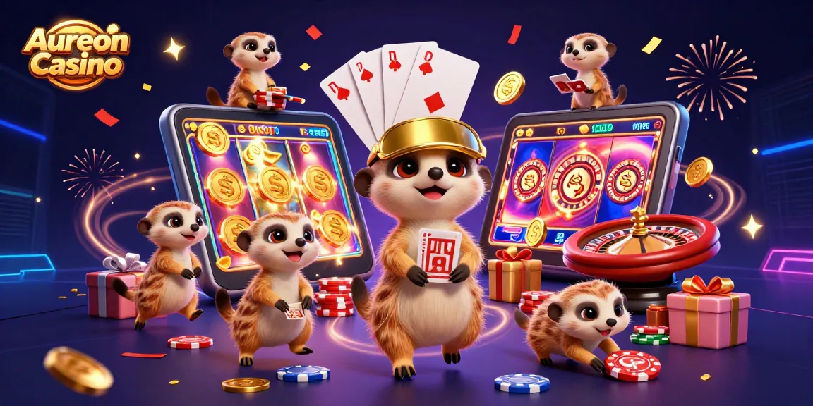 Aureon Casino's meerkats overseeing a vibrant casino operation with digital game play and festive elements.