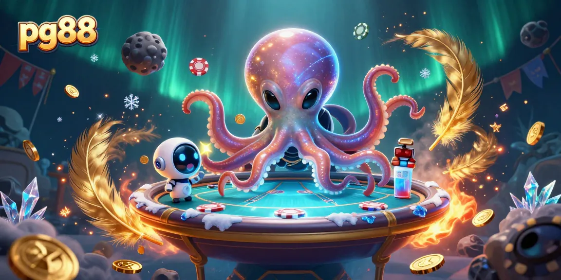 Engage with pg88 in a vibrant, 3D cartoon scene featuring an alien octopus at a poker table.