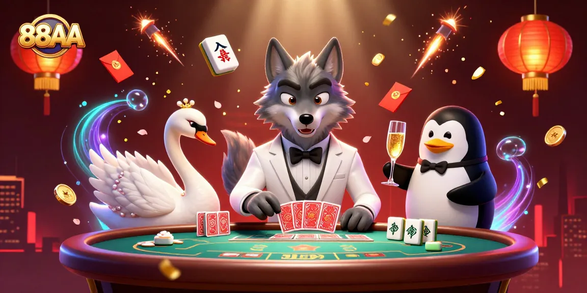 Experience excitement with 88AA: a lively 3D scene featuring casino games and charming characters.